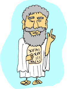 cartoon philosopher with clay tablets